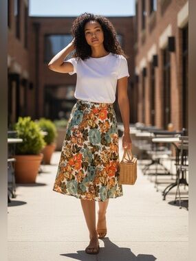 Floral Midi Skirt in Teal & Coral